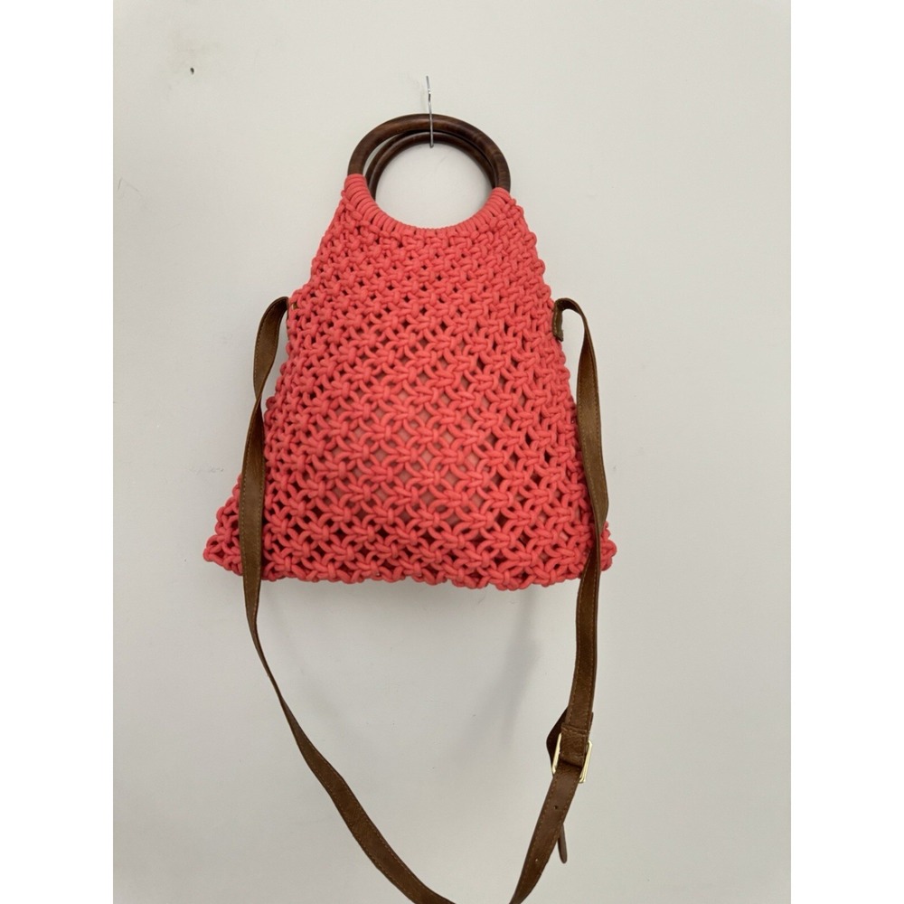 Sigrid Olsen knit boho bag Coral Macrame Crossbody With Brown Wood Handle - Picture 2 of 8